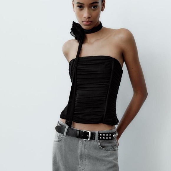 Zara Ruched Strapless Tulle Tube Top Black Medium - Picture 1 of 6